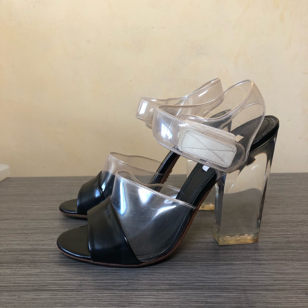 PRADA Lucite PVC Clear Black Block Heel Velcro Ankle Strap SS 2010 Runway 37.5 - Picture 2 of 14